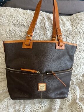 Dooney & Bourke Dark Brown Pebbled Leather Tote with Tan Trim